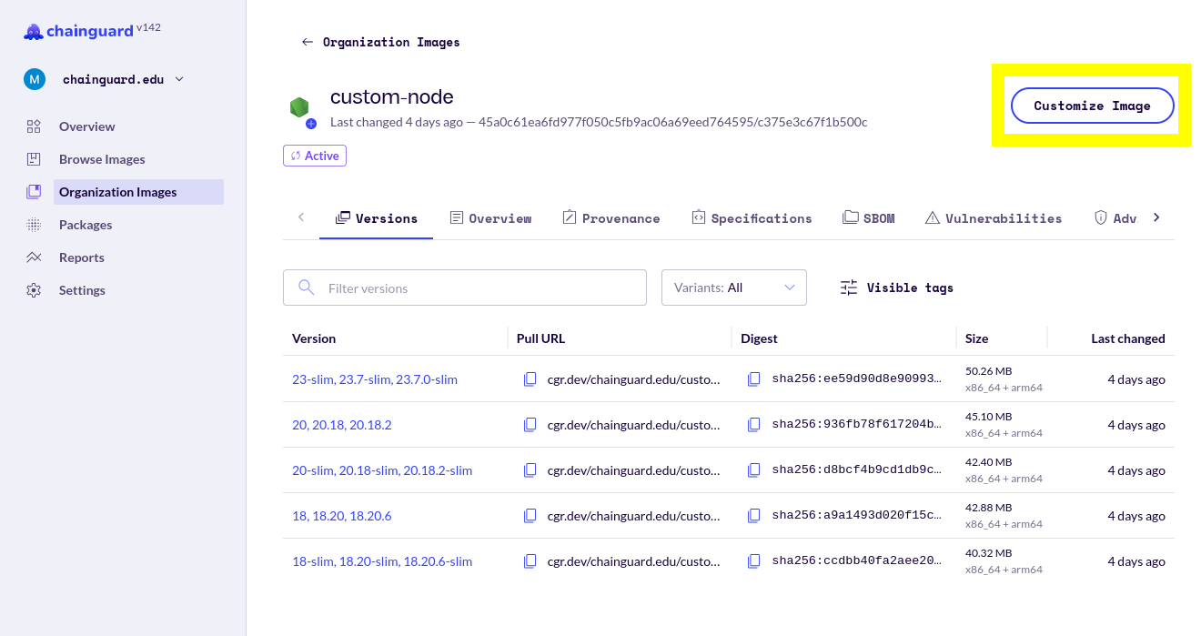 Screenshot of a Custom Assembly container (named 'custom-node') page with the 'Customize Container' button highlighted in a yellow box.