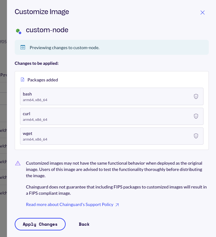 Screenshot of the custom-node image's customization preview. It shows three packages selected: bash, curl, and wget.