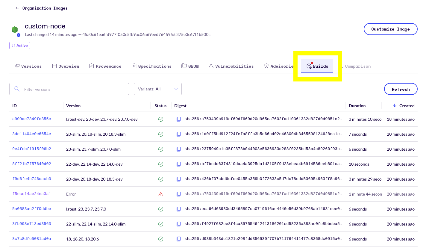 Screenshot of a Custom Assembly container image's Builds tab, with the Builds tab highlighted in a yellow box.