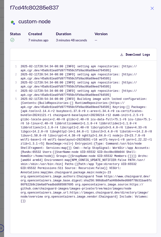 Screenshot of a customized container image build's logs, showing a successful build.