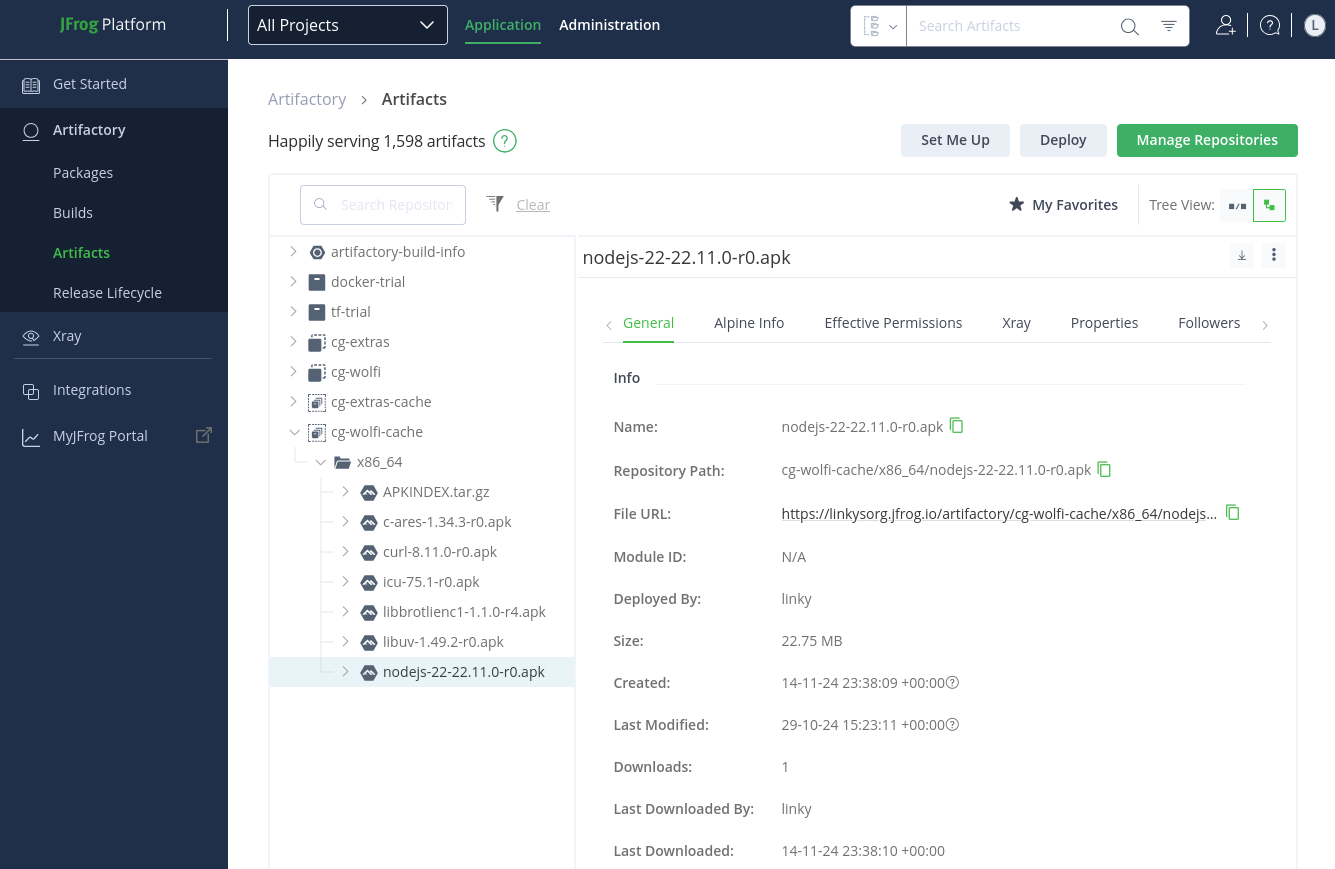 Screenshot of Artifactory's 'Artifacts' tab, showing the 'cg-wolfi-cache' menu option expanded and the 'nodejs-22' artifact selected.