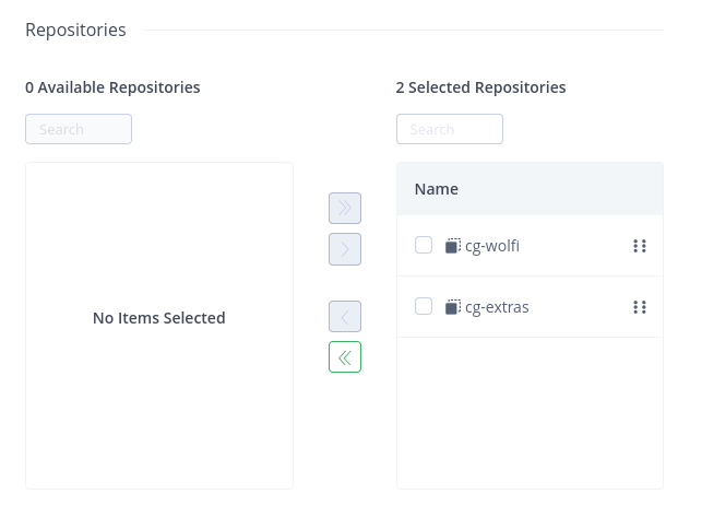 Screenshot showing a portion of the 'New Virtual Repository' page. The 'cg-wolfi' and 'cg-extras' repositories have been checked and moved to the 'Selected Repositories' column.